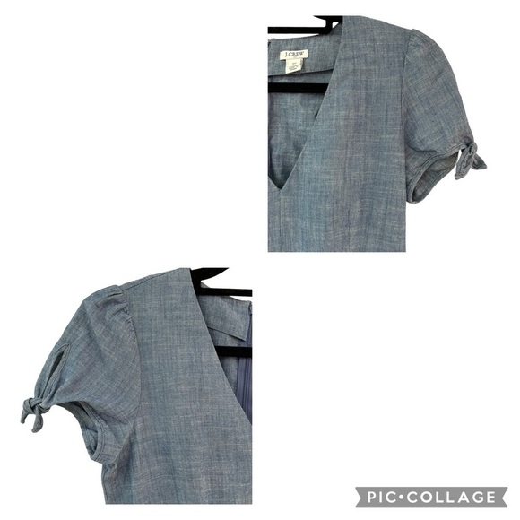 J. Crew Short Sleeve V-Neck Faux Wrap Ruffle Chambray Mini Dress Preppy - Sz 00 - Picture 7 of 15